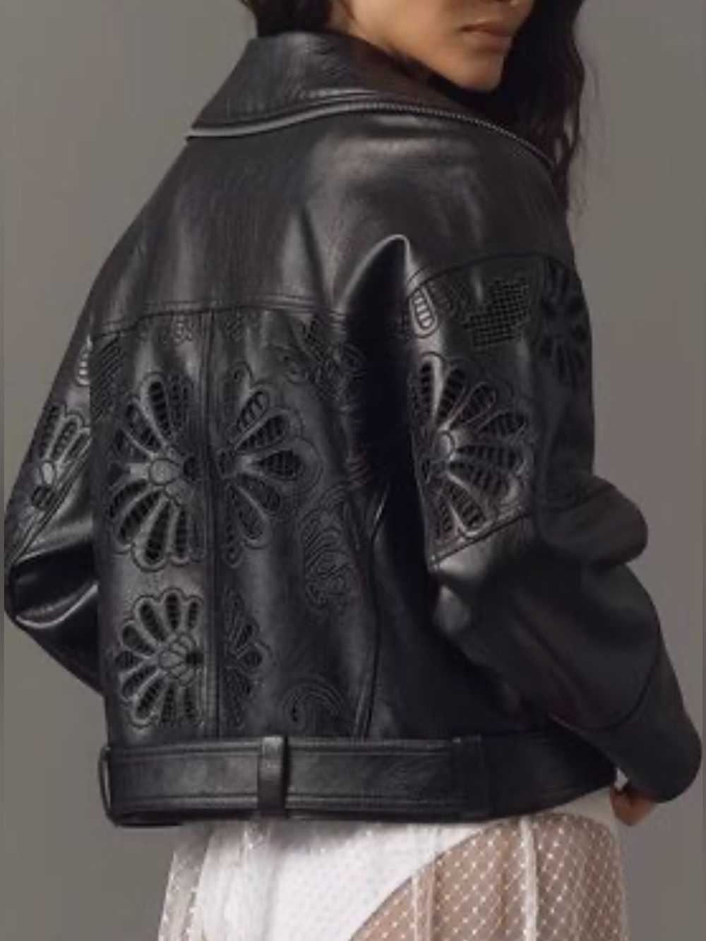 Anthropologie Eyelet Moto Jacket - Faux Leather Floral Laser-Cut - size Small